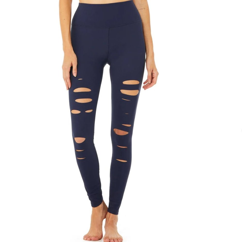 ALO Yoga High-Waist Ripped Warrior Legging in Navy - Size Small - NWOT
